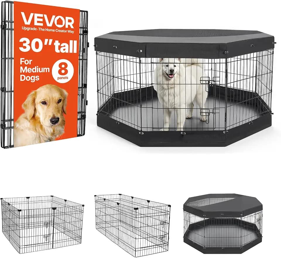 VEVOR Dog Playpen 30 Inch 8 Panels Exercise Pen with Top Cover & Bottom Pad, Indoor Foldable Metal Pet Fence with Door, Heavy Duty Puppy Crate Kennel Pen for Dogs, Cats, and Other Small Animals, Black