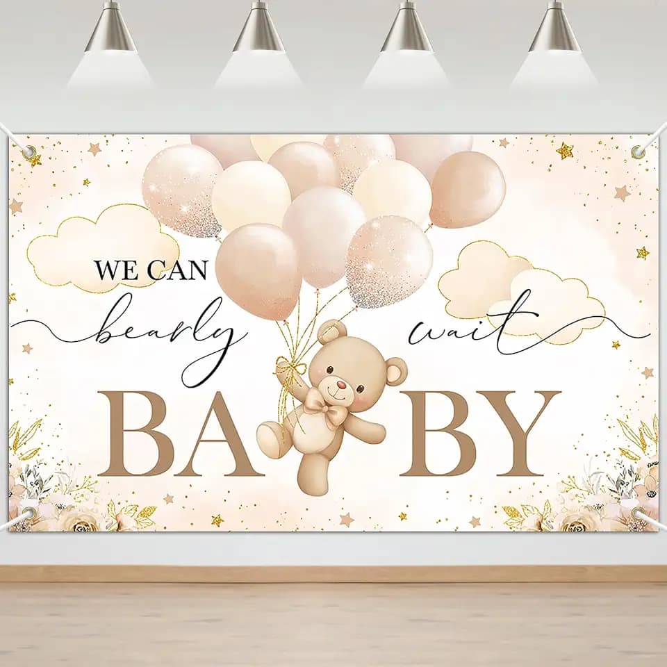 Mocsicka Brown We Can Bearly Wait Backdrop Banner for Boy 6x3.6ft