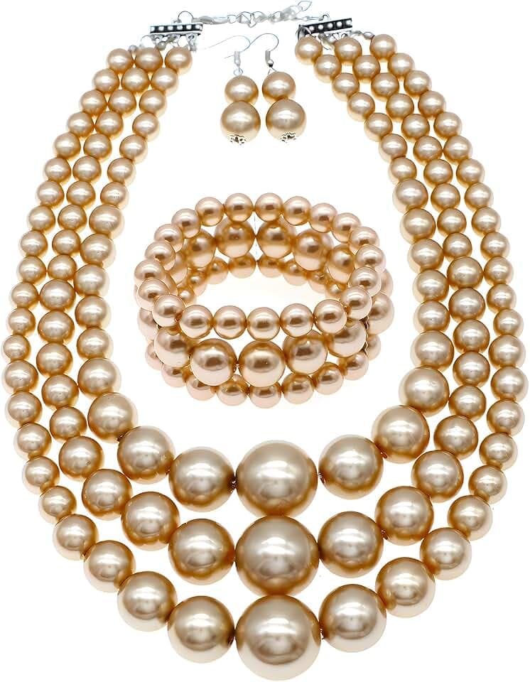 utop Large Multi Strand Chunky Pearls Necklace and Earring Set - Costume Jewelry for Women