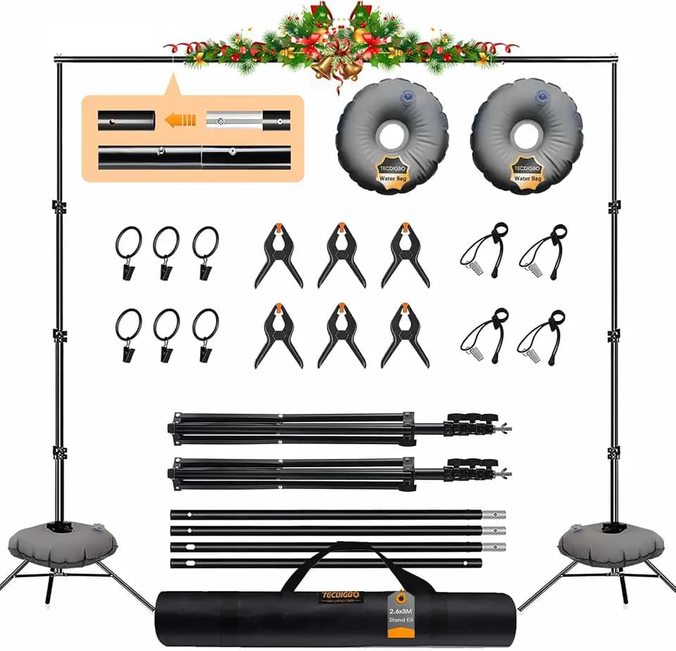 Backdrop Stand, Photo Video Studio 8.5 x10ft Adjustable Support Portable Stand Heavy Duty for Photoshoot, Parties, Projector Screen with 2 Water Bag, 6 Backdrop Clips, 6 Curtain Ring Clip