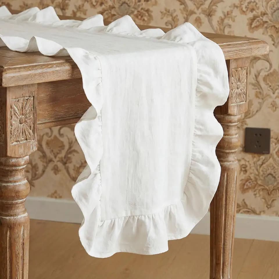 HunnmingRe Table Runner Farmhouse Ruffled Scalloped 14 x 118 Inch, White