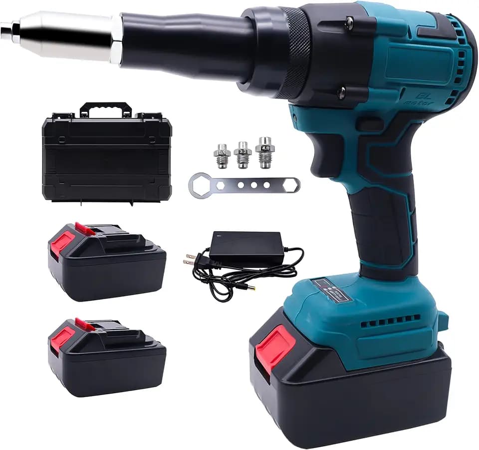 Cordless Rivet Gun 21V with 2 Batteries, Brushless Electric Rivet Gun Kit, Heavy Duty Pop Rivet Tool for Stainless Steel & Aluminum, 3/32" 1/8" 5/32"
