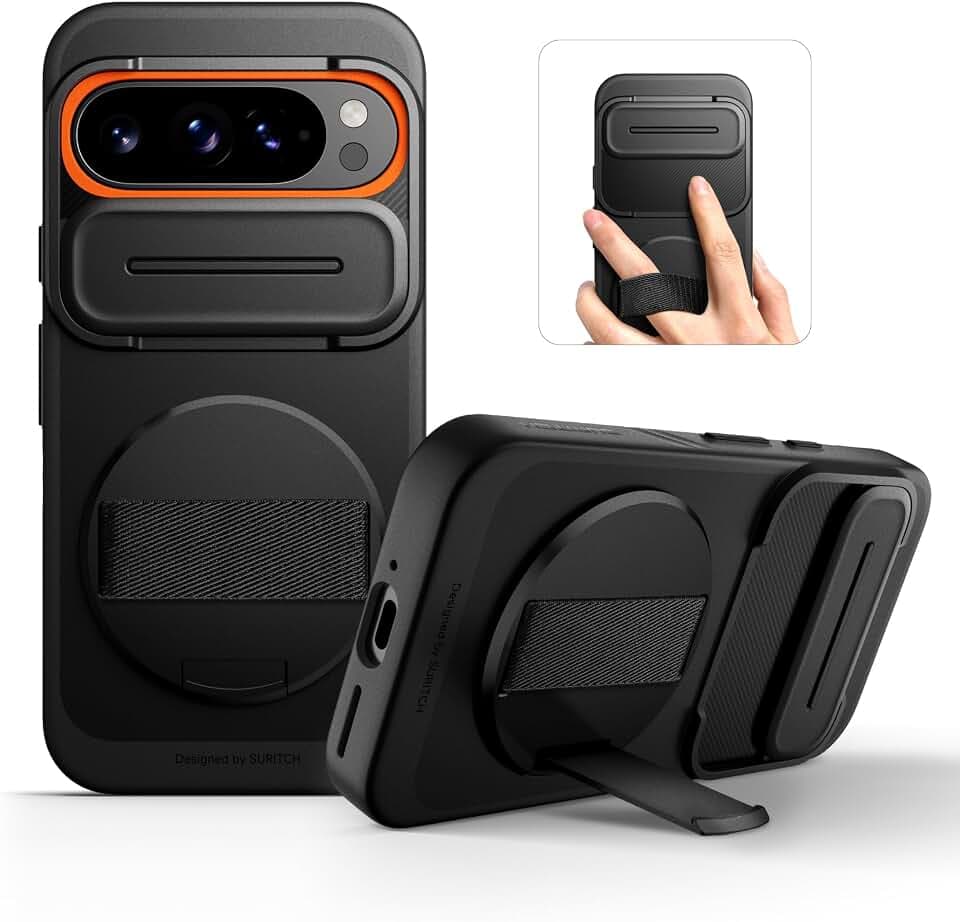 SURITCH for Google Pixel 9/9 Pro Case with 360° Rotatable Hand Strap Phone Grip Holder & Invisible Kickstand & Slide Camera Cover, Slim Rugged Shockproof Protective Cover for Pixel 9/9 Pro, Black