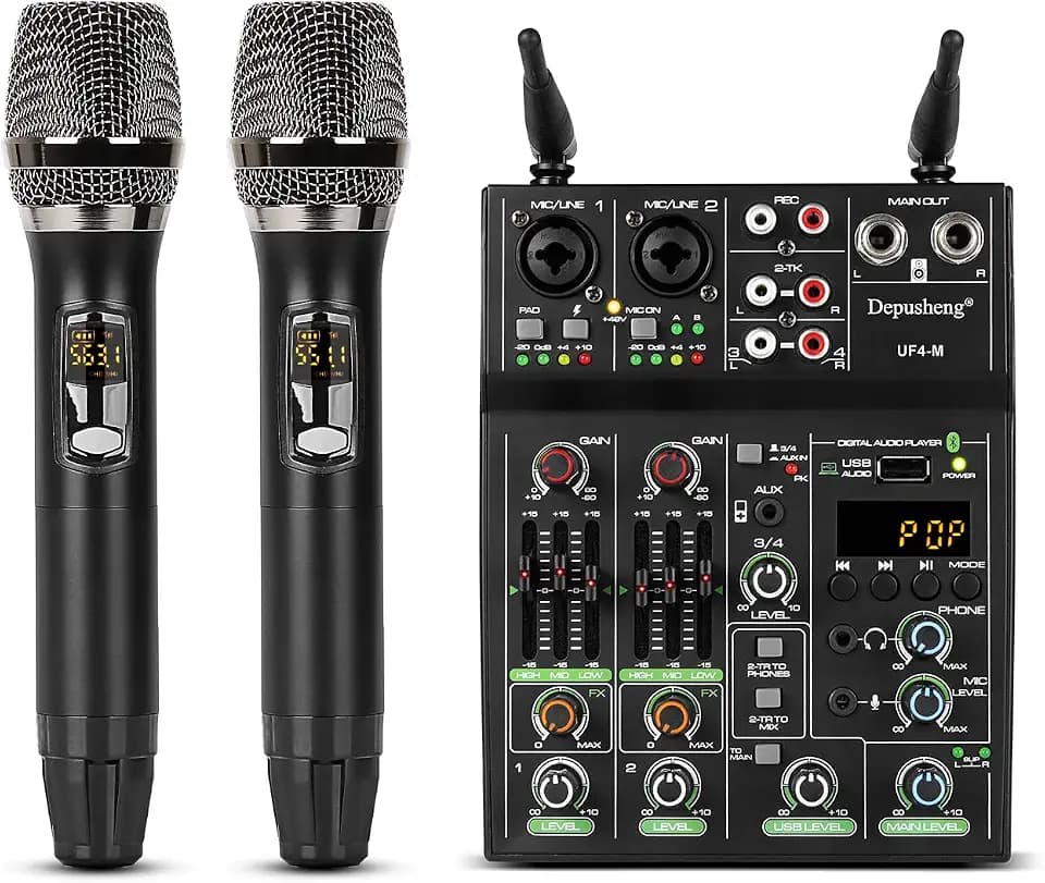 Depusheng UF4-M Studio Audio Sound Mixer Board 4 Kanal Bluetooth kompatibles professionelles tragbares digitales DJ Mischpult mit drahtlosem Mikrofon Mischpulte für Studioaufnahmen