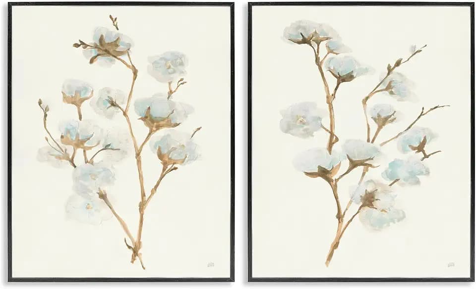 'Cotton Flower Stems Rustic Floral'| 2pc Framed Giclee Art Set 2
