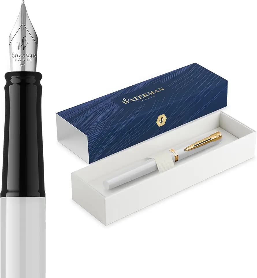 Waterman Impression Füller | Feine Feder mit blauer Tintenpatrone | Weißer Lack mit goldbeschichtetem Zierrat | Geschenkbox