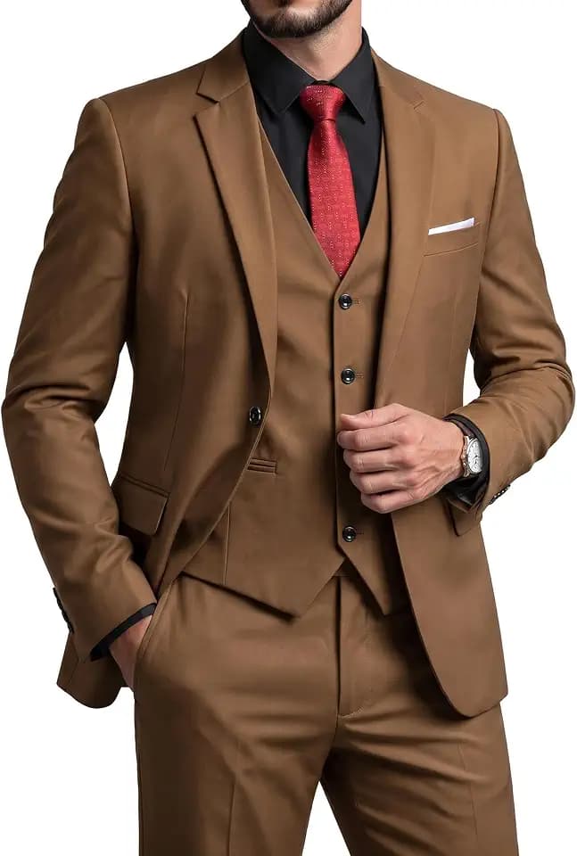 YND Men's Slim Fit 3 Piece Suit Set with Stretch Fabric, One Button Solid Blazer Vest Pants with Tie