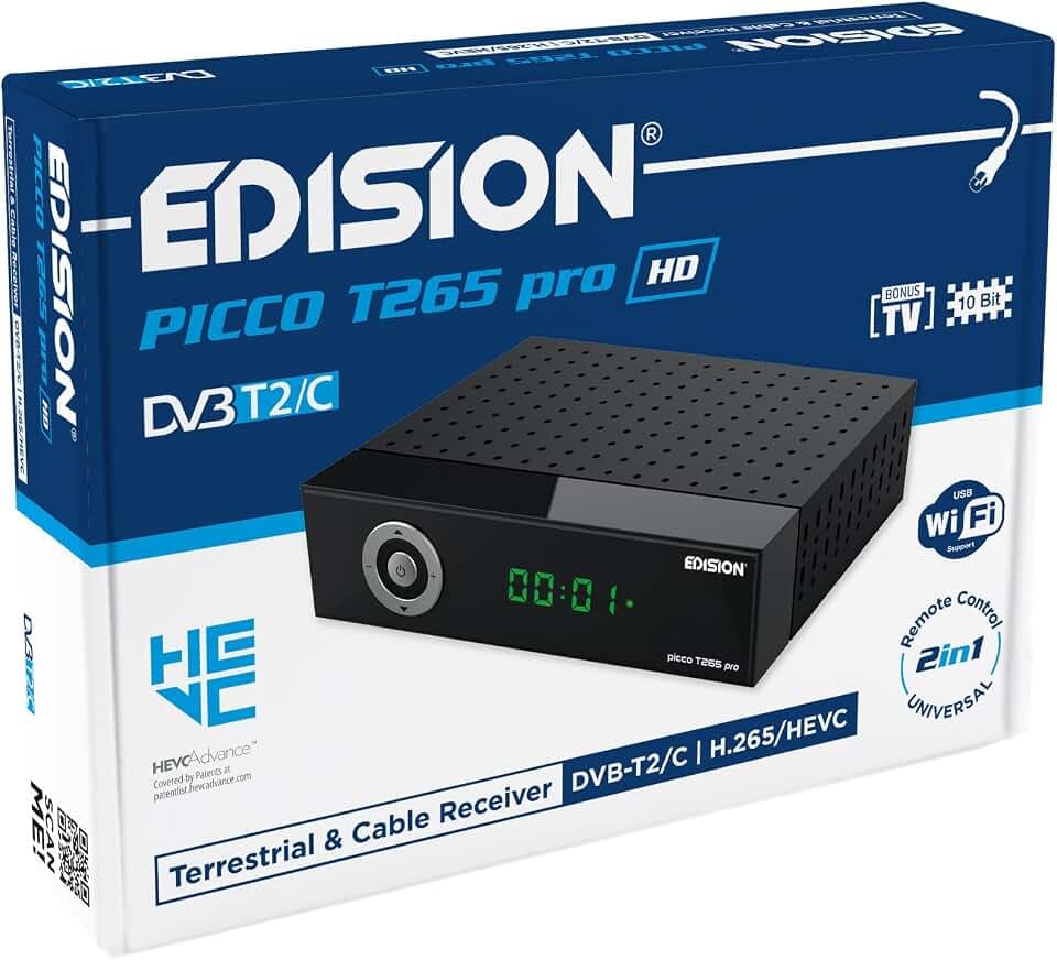 EDISION Picco T265 pro HD Terrestrischer & Kabel Receiver DVB-T2/C H.265 HEVC FTA Full HD, PVR, USB, HDMI, SCART, S/PDIF, IR-Auge, USB WiFi Support, Universal 2in1 Fernbedieung, 2in1 Netzteil