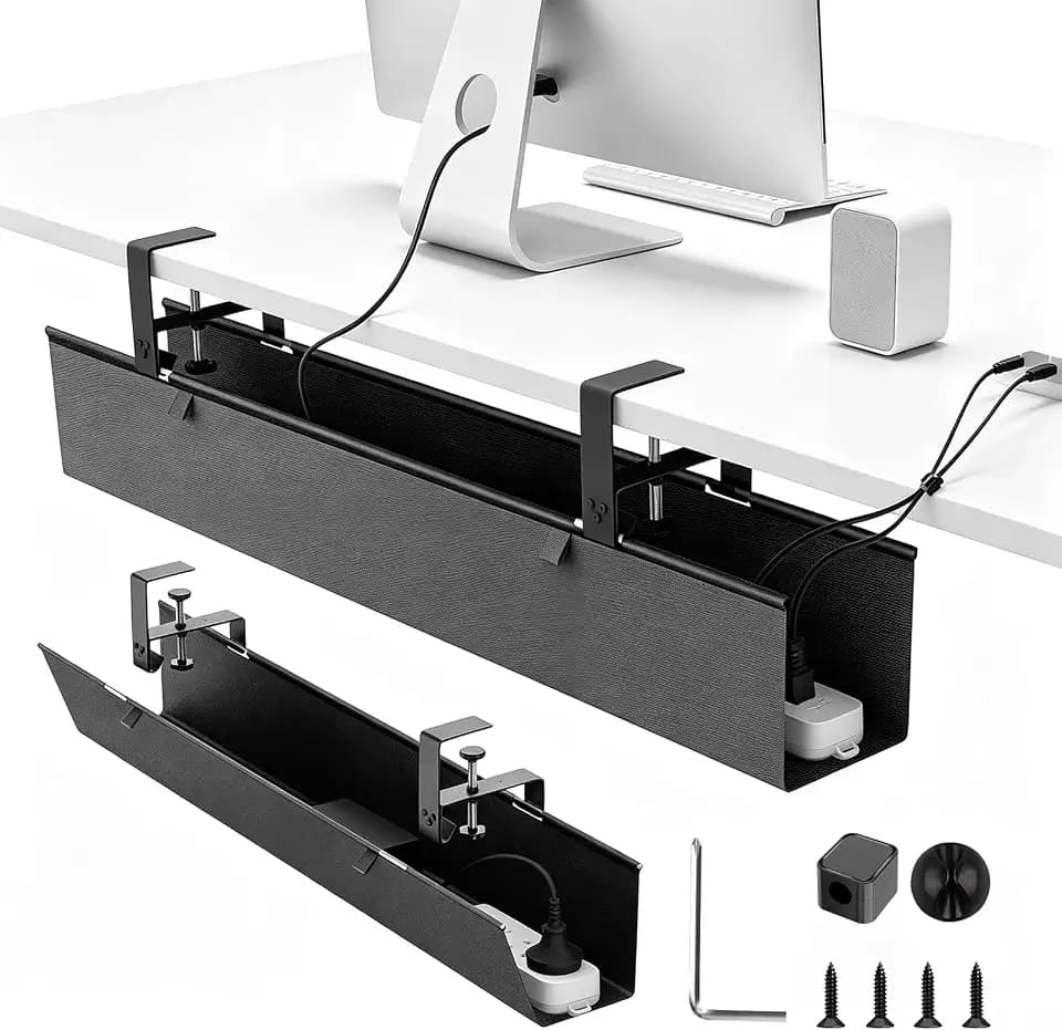 36" Under Desk Cable Management Tray, No-Drill Clamp-On Under Desk Cord Management for Desk, Anti-Sag Fabric Wire Management for Power Strips, Cable Raceways Tray Cord Hiders for Office/Home (Black)