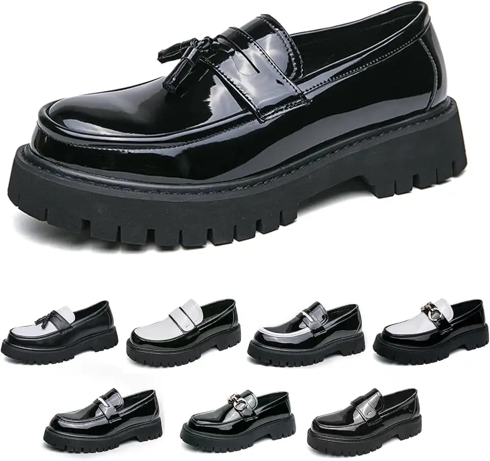 Men's Fashion Black and White Two Tone Chunky Platform Penny Loafers Classic Slip-On Lug Sole Business Work Dress Shoes Daily Non-Slip Shock Absorbing Casual Shoes Large Size 5.5-14