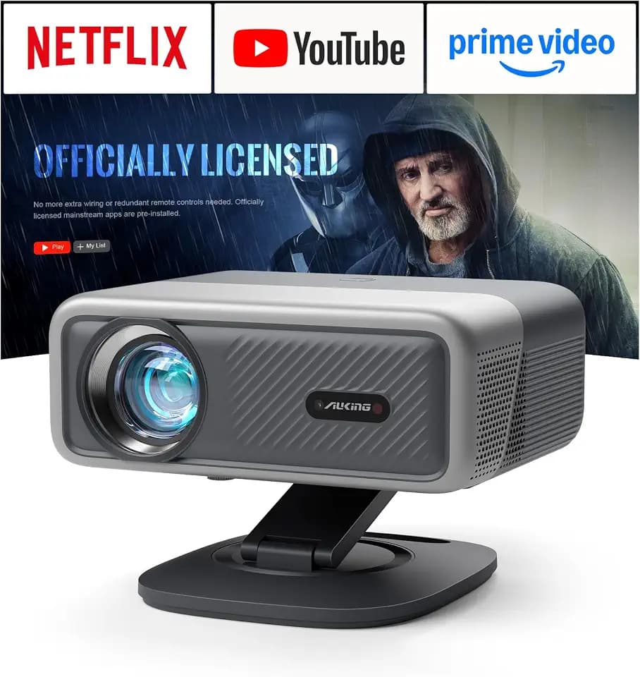 [Now with Netflix & 4000 ANSI] 4K Projector with WiFi and Bluetooth,TOF Real-Time Auto Focus Projector, AuKing Outdoor Movie Home Proyector with Omni-Adjustable Stand(silver grey)