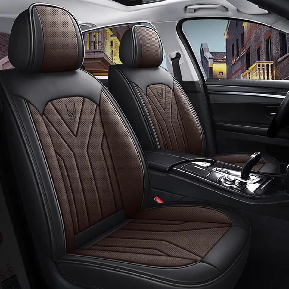 Car Seat Covers Full Set 3D Foam Back Support, 5 Seats Universal Fit for Most Cars, Nappa Leather Car Seat Cushion Super Breathable, Storage Bags, All Season, Black Coffee Car Seat Cover