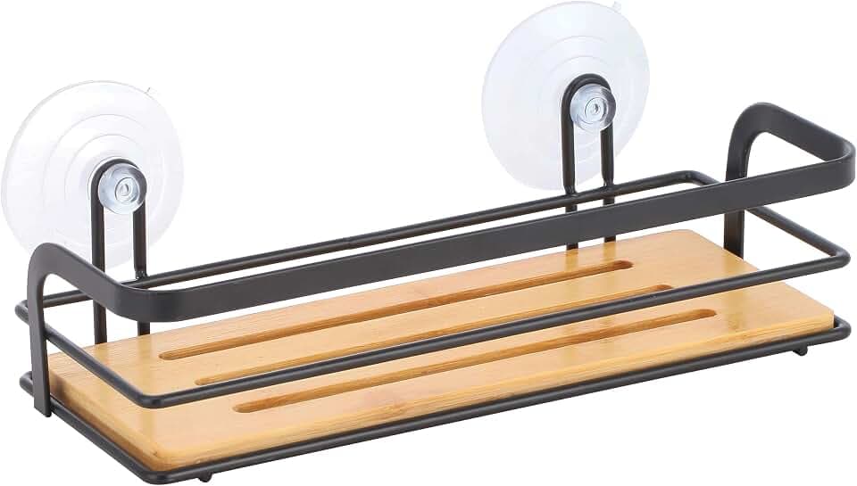 MSV Duschregal Duschkorb Badezimmer ohne Bohren mit Saugnäpfen Stahl Bambus 12x9x25,5cm Schwarz matt