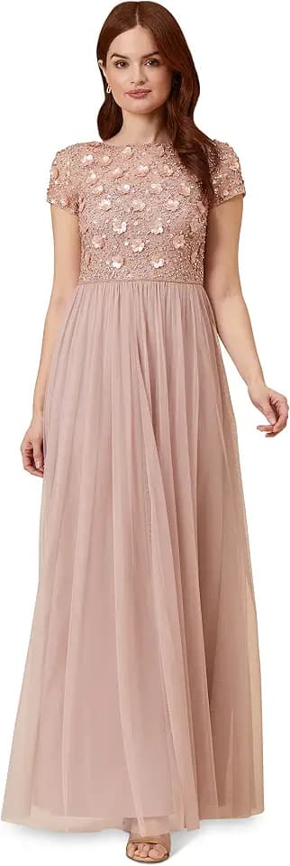 Adrianna Papell Women's Floral Beaded Top with Tulle
