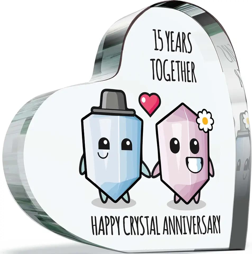 Schild zum 15. Hochzeitstag, Geschenk für Ehefrau, Ehemann – Happy Crystal Anniversary – I Love You, romantisches Acryl-Herz, Geschenk für Frauen und Männer, 100 mm x 100 mm, Geschenk für Paare zum