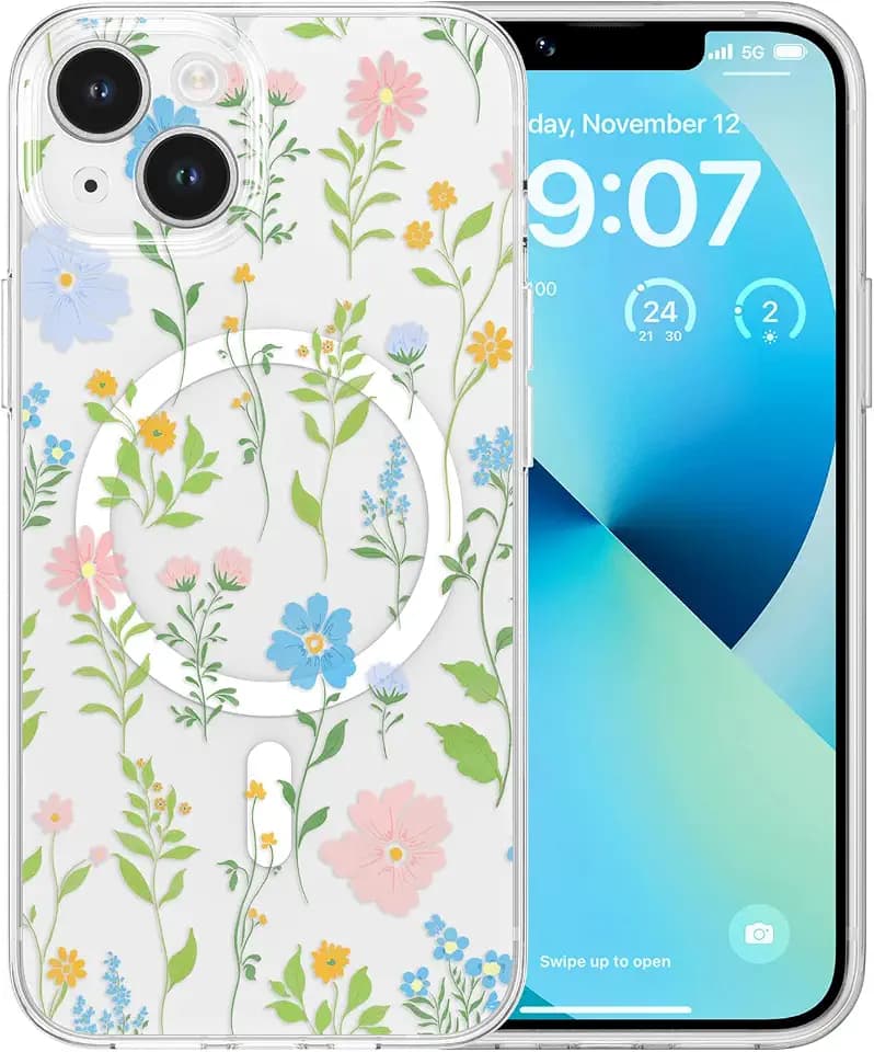 RALEAVO for iPhone 15 Case Clear Floral Magnetic Case,Cosmos