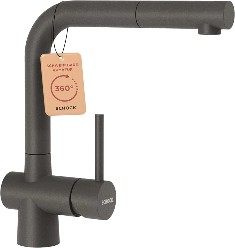SCHOCK® Küchenarmatur LAIOS Silverstone I graue Hochdruck Armatur mit ausziehbarer Schlauchbrause I 360° schwenkbar I Edelstahl lackiert mit VollbeschichtungI Höhe 285 mm