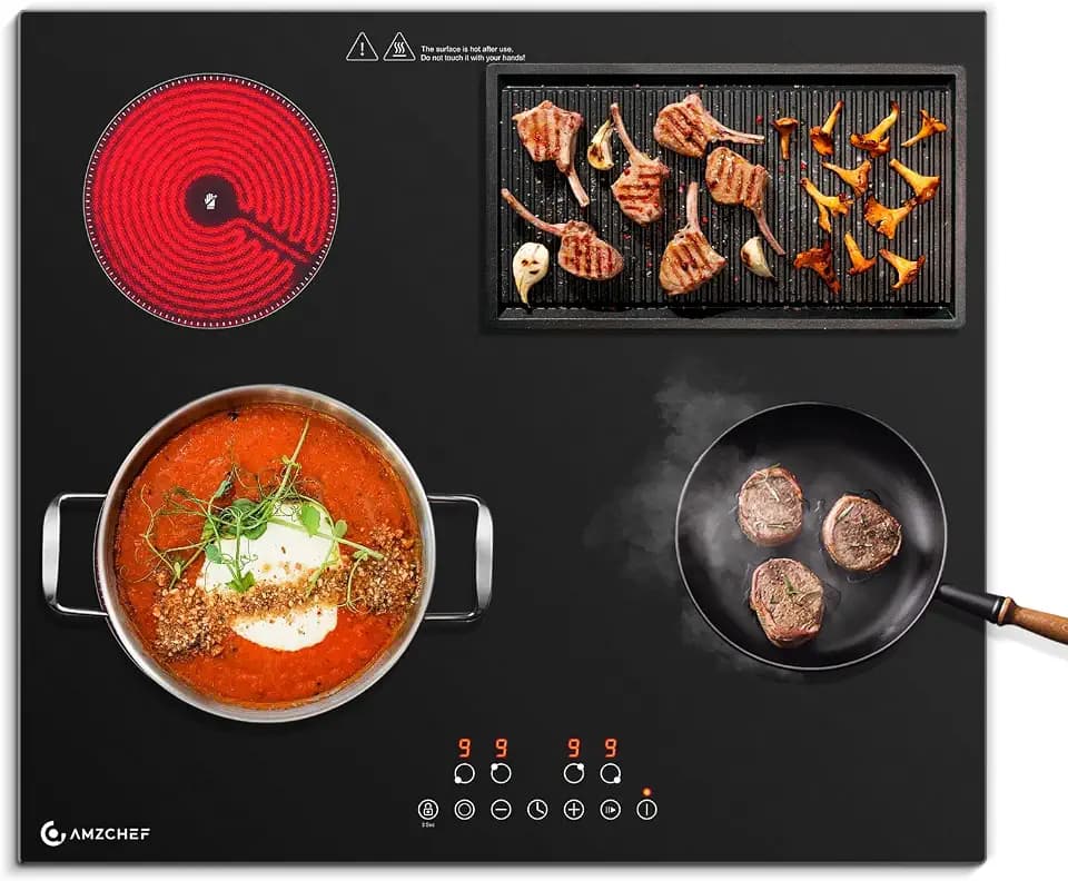 AMZCHEF Glaskeramikkochfeld 4 Platten 7200W, Herdplatte 4 Kochfelder 60 cm, 9 Leistungsstufen, Dual-/Ovalzonen für Grillen, Heizpause-Funktion, Kompatibel mit allem Kochgeschirr, Schwarz