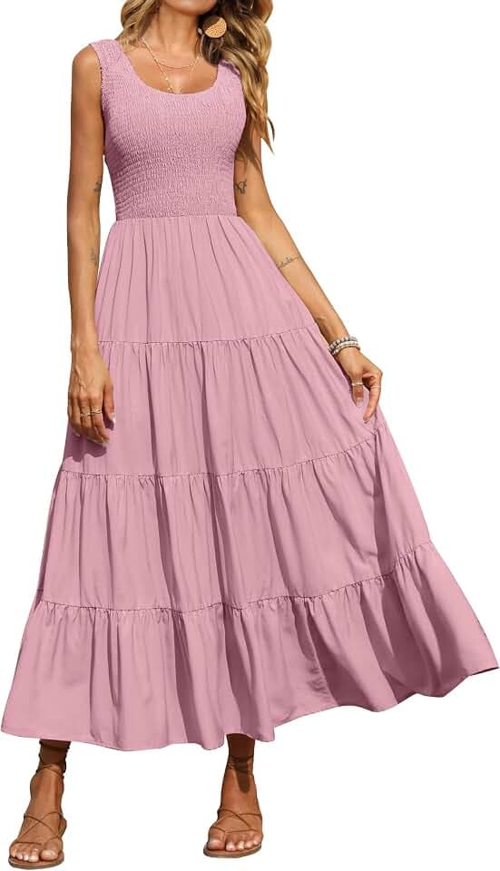PRETTYGARDEN Women's Smocked Tank Casual Plain Maxi Sundress with Pockets
