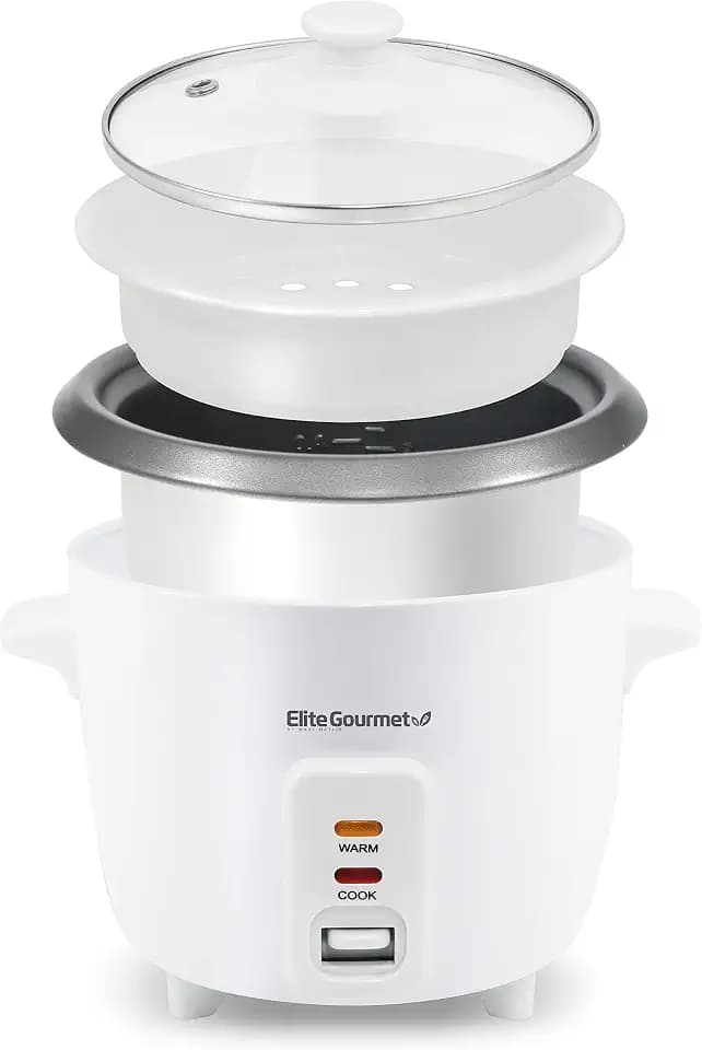 Elite Gourmet ERC003NSTX Rice Cooker & Food Steamer, Non-Stick Pot, White