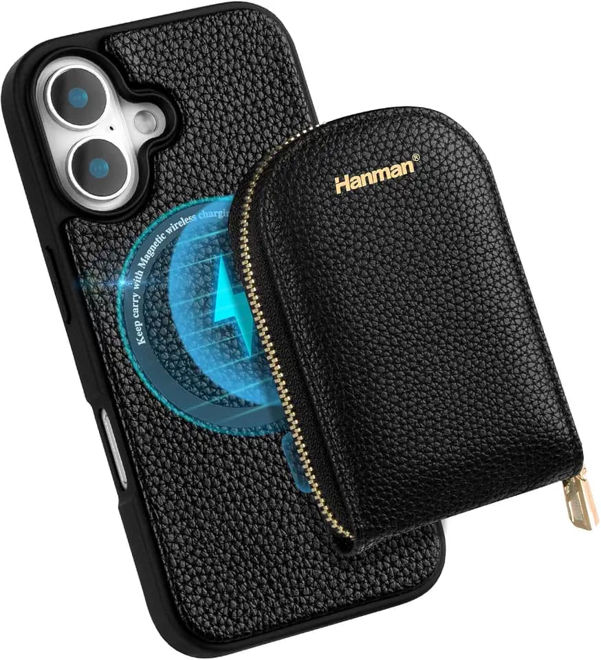 Hanman Case for iPhone 16 Plus,RFID Blocking Premium Microfiber Leather Zipper Purse Magnetic Protective Case,Magnetic Wallet Card Holder Case for iPhone 16 Plus