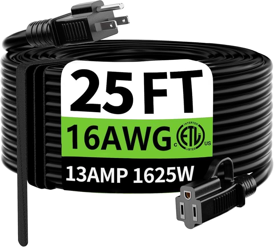 HUANCHAIN Indoor Outdoor Black Extension Cord 25 FT Waterproof 16/3 Gauge