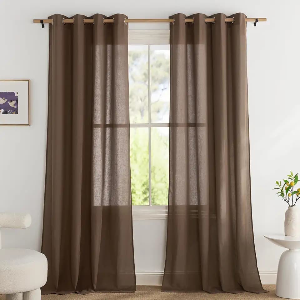 PONY DANCE Leinen Vorhang Wohnzimmer Gardinen Halbtransparent Landhaus | Braun,2er Set,H245 x B140 cm,Boho Gardinen Leinenoptik mit Ösen,Leinenvorhang Vintage Schlafzimmer,Linen Curtains