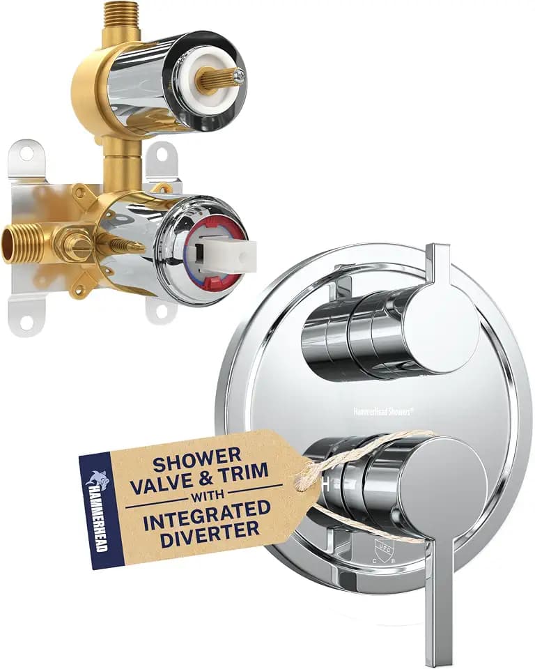HammerHead Showers Solid Metal Shower Valve and Trim Kit, Two-Handle Volume and Temperature Control with Integrated Diverter, Pressure Balance Rough-In Valve Included, Chrome