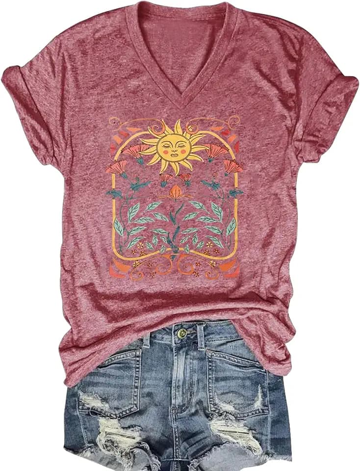 MQSVPUT Women's T-Shirts V-Neck Boho Flowers Wildflowers Tee Cute Summer Graphic Shirts Short Sleeve T Shirt