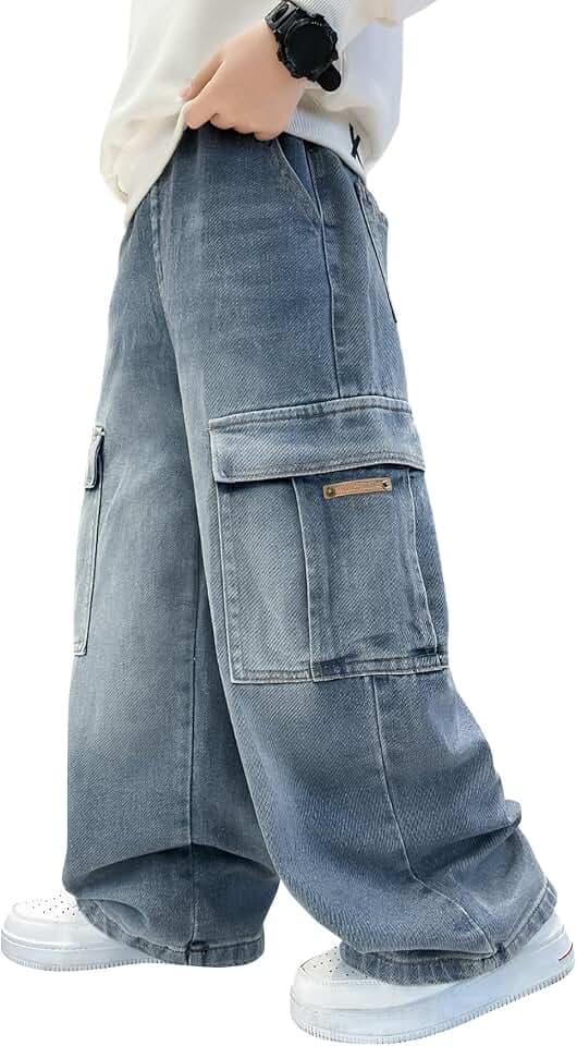 Happy Cherry Jungen Loose Fit Jeans Kinder Baggy Denim Hose mit Elastischen Bund Casual Cargo Jeanshosen 120-170