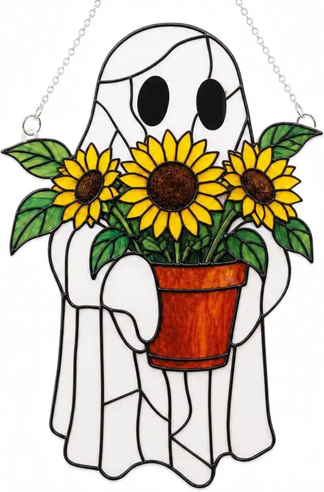 Ghost Sunflower Ornament, Cute Halloween Decor, Plant Decor, Spooky Gift
