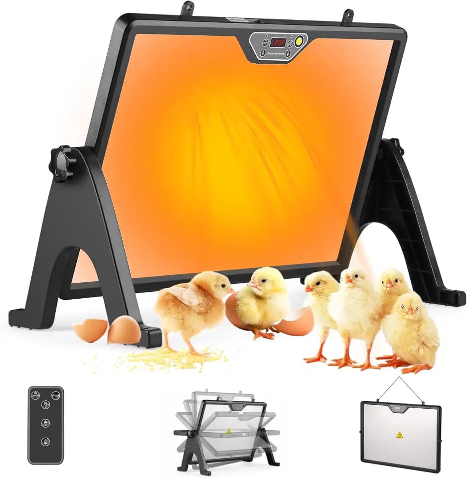 Wärmeplatte Küken mit Thermostat, 180W Doppelseitige Heizplatte Küken, 30–75°C Hühnerstall Heizung mit Fernbedienung & Beleuchtung, 360° Drehbar Kükenwärmer für Hühner, Geflügel, Kaninchen