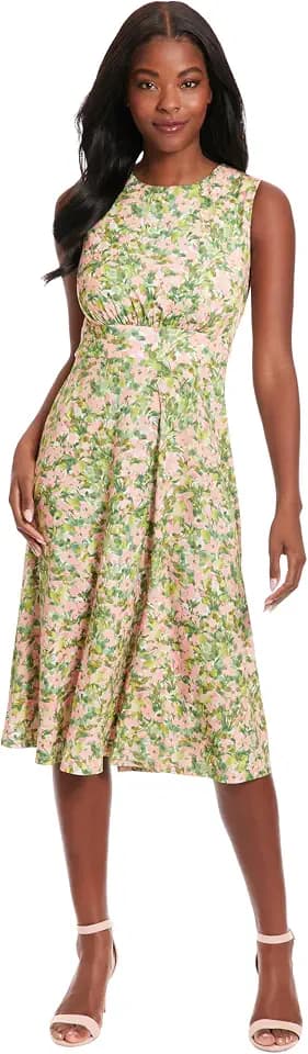 London Times Women's Sleeveless Inset Waist Midi Fit and Flare Dress