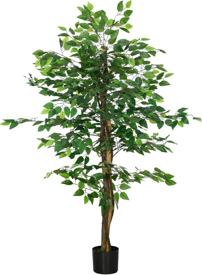 HOMCOM Künstliche Pflanze Ficus 1,50 m Höhe Stamm Zweige Liane Lichen Blätter Groß Realismus Topf inklusive, für den Innenbereich, Grün