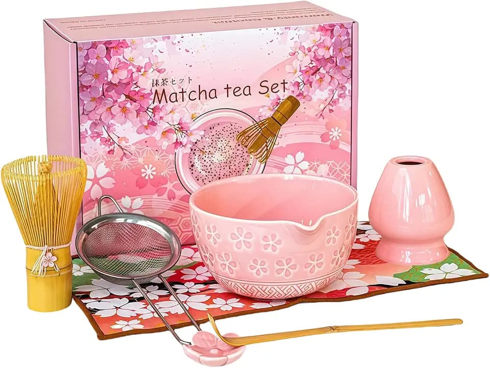 Matcha Set Rosa, 7 Teiliges Matcha Tea Set mit Matcha Besen, Matcha Schale mit Ausgießer, Matcha Sieb, Teetuch, Besenhalter aus Keramik und Matcha Löffel, Matcha Zubehör für Matcha Liebhaber