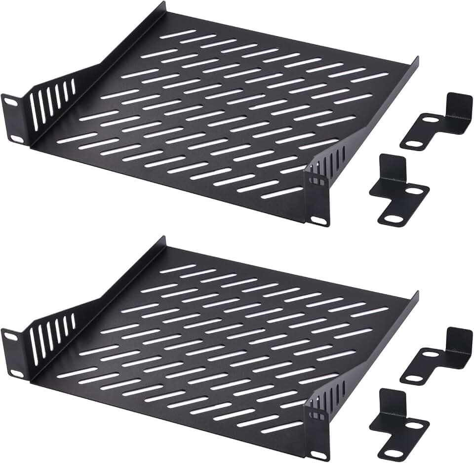 GeeekPi 2 Stück 1U Server Rack-Fachboden – 10 Zoll, 200 mm tief, belüftete Kragarm-Ablage, passend für 10-Zoll-Serverschrank & DeskPi RackMate T1/T0 Netzwerkschränke (Schwarz)