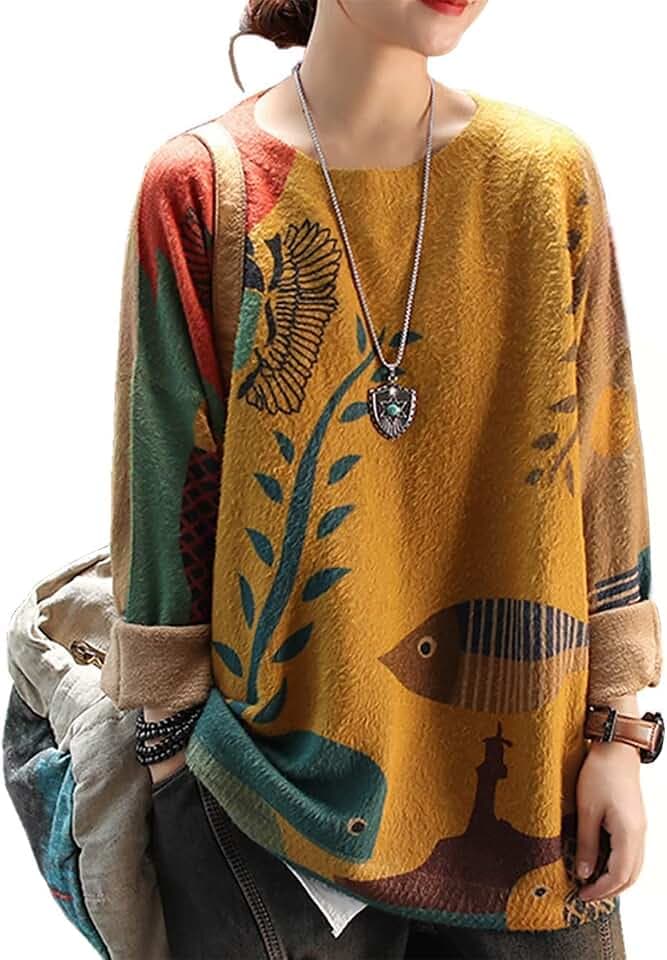 Janein Damen Pullover Oversize Lang Strickpullover Herbst Winter Rundhals Sweater mit Blumenmuster Weihnachtspullover JS01DE