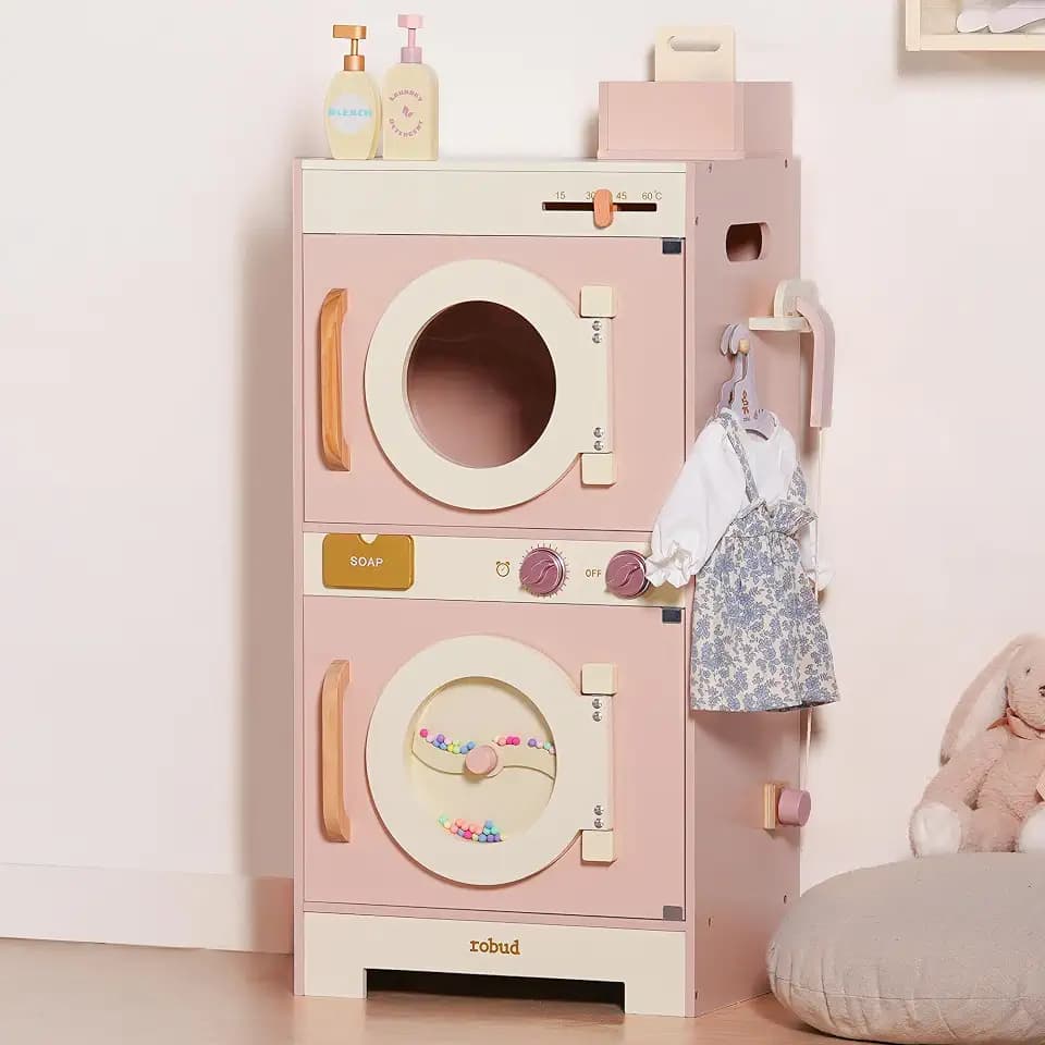 ROBUD Wooden Laundry Playset for Kids with Washer, Dryer & Accessories 3+