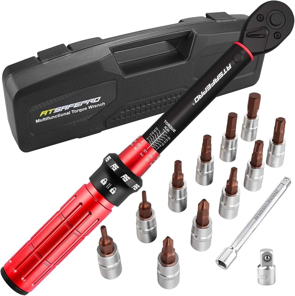 ATsafepro 14-Tlg Klein Drehmomentschlüssel Fahrrad 1–25 NM 1/4'', Drehmoment Schlüssel Auto Set, 72-Zahn-Zweiseitig Verstellbar, Mit Verlängerungsstange, 3/8 Zoll-Adapter Und Steckdosenbits