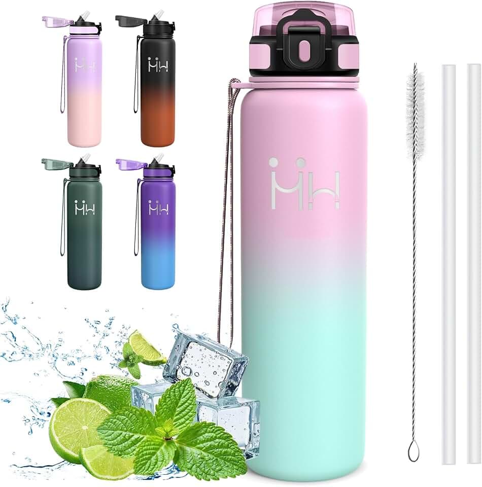 Trinkflasche Edelstahl, Trinkflasche 1l, BPA-Frei, Wasserflasche mit Strohhalm, Auslaufsicher, Doppelwandige Vakuumisolierung, Wasserflasche für Wandern, Fitness, Picknick, Training