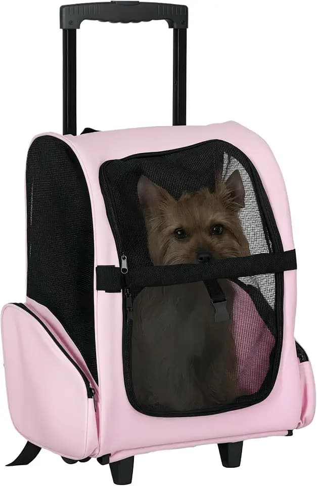 PawHut Transporttasche mit Rollen für Hunde, 2 in 1, Trolley, Rucksack für Hunde und Katzen, mit Teleskopgriff, Aufbewahrungstaschen, Belüftungen, Sicherheitsbefestigung, 42 x 25 x 55 cm, Rosa