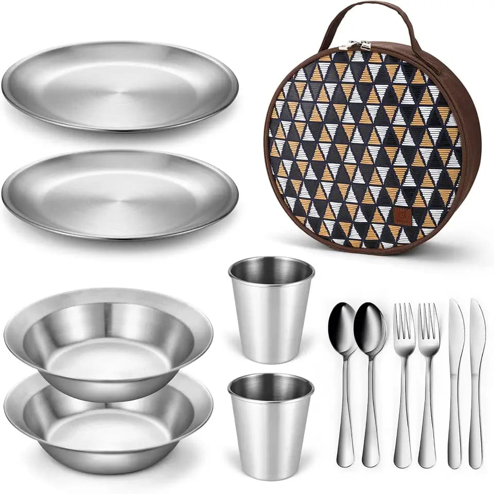Odoland Stainless Steel Camping Mess Kit for Outdoor Family & Person