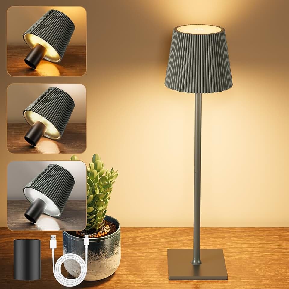 LED Tischlampe Kabellos Akku Tischlampen mit Flaschenverschluss Stufenlos Dimmbar Aufladbar Tischleuchte mit 3 Farbtemperatur für Outdoor, Wohnzimmer, Schlafzimmer, Nachttisch, Grau