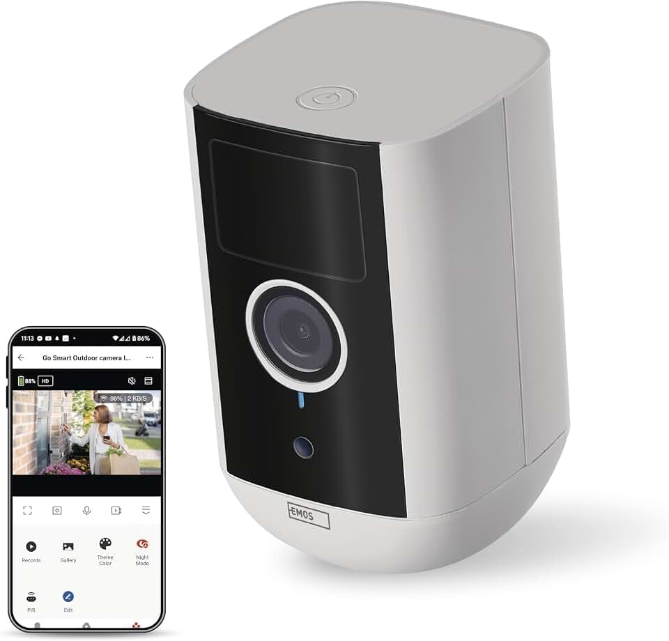 EMOS GoSmart - Smart Home Indoor/Outdoor Kamera - 5MP universale WLAN IP Kamera mit App - Bewegungserkennung, Nachtsicht, Akku - Google Assistant und Alexa Kompatibel - wasserdicht - weiß