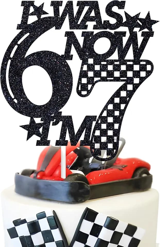 I Was 6 Now I'm 7 Cake Topper, Bruh I'm 7, Hello Seven, Racing Car Theme 7th Birthday Party Decorations Supplies for Boy Girl, Black Glitter