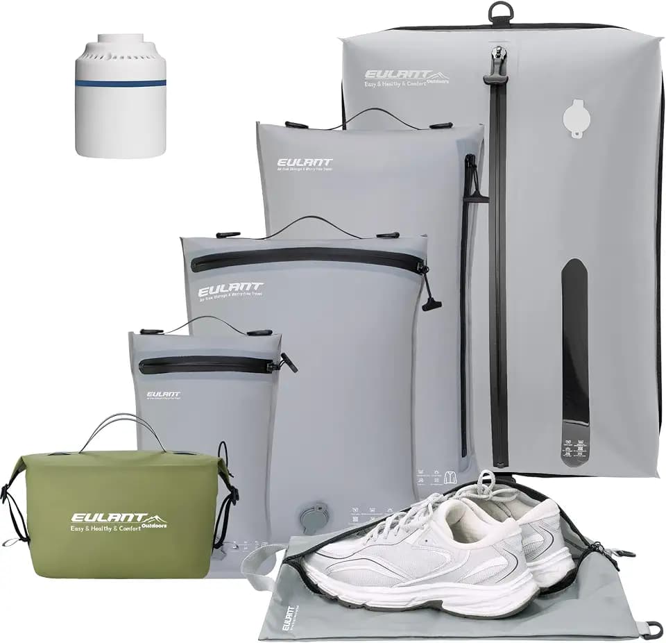 EULANT Kompressions Packwürfel Set 6 für Koffer,4 Vakuumbeutel + 1 Schuh Tasche + 1 Wasserdichte Kulturtasche, Reisepack Organizer für Handgepäck, IPX8 Reißverschluss & Ultraleicht