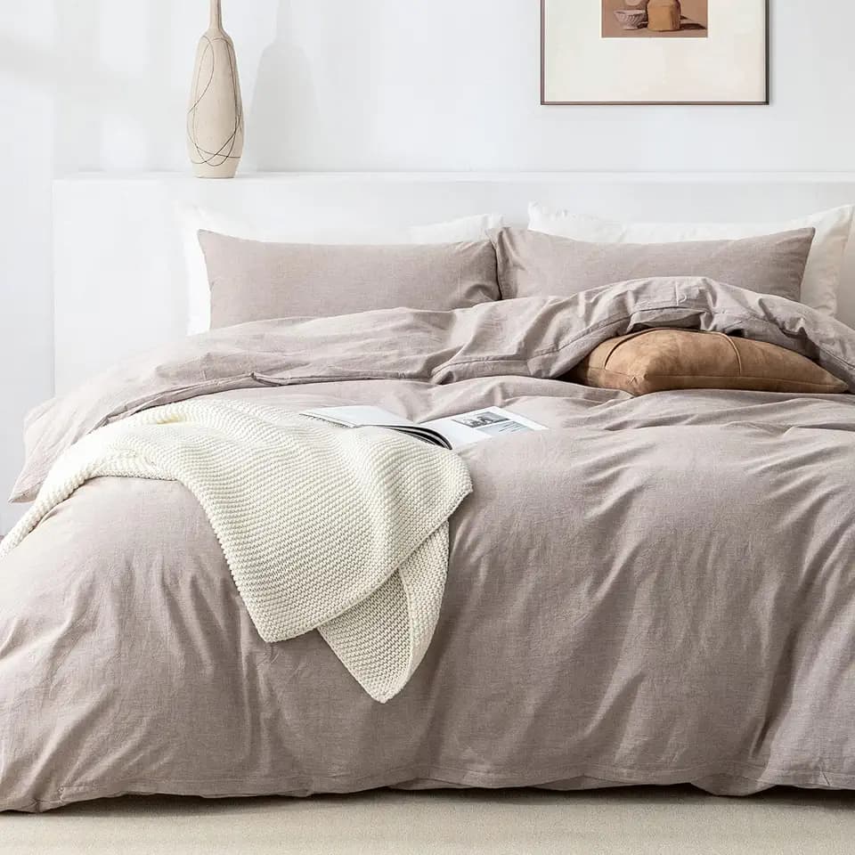 Queen Duvet Cover Set- 100% Washed Cotton 3 Pcs Soft Comfy Breathable Chic Linen Feel Bedding, 1 Duvet Cover and 2 Pillow Shams, Light Taupe