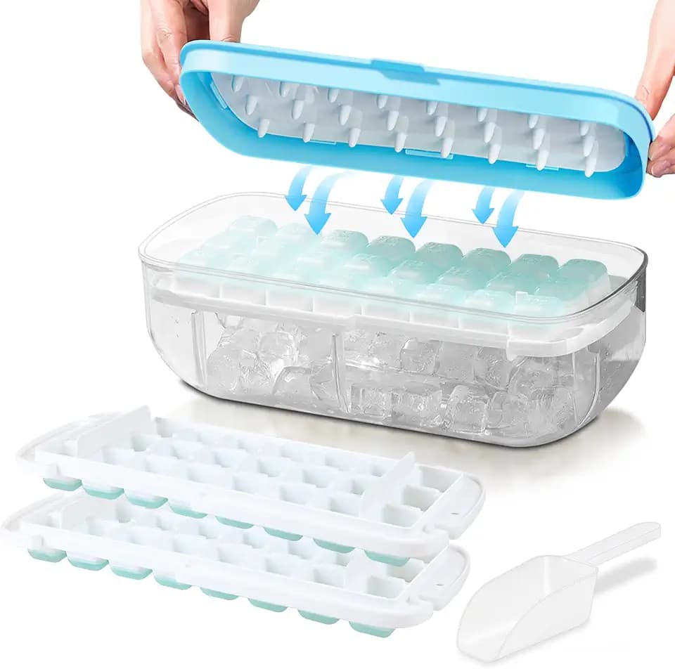 Eiswürfelbehälter mit Deckel, Lebensmittelechte Silikon Eiswürfelform, alle Eiswürfel in einer Sekunde Freigeben, Wiederverwendbare Ice Cube Tray (Blau)