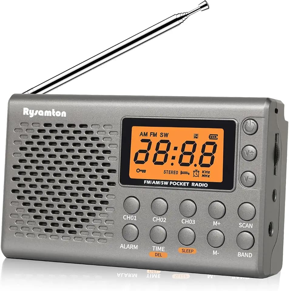 Portable AM/FM/Shortwave Radio, Batteries Operated Pocket Radios, Large Digital Display, Clock Radio with Alarm and Sleep Function, Earphone Included