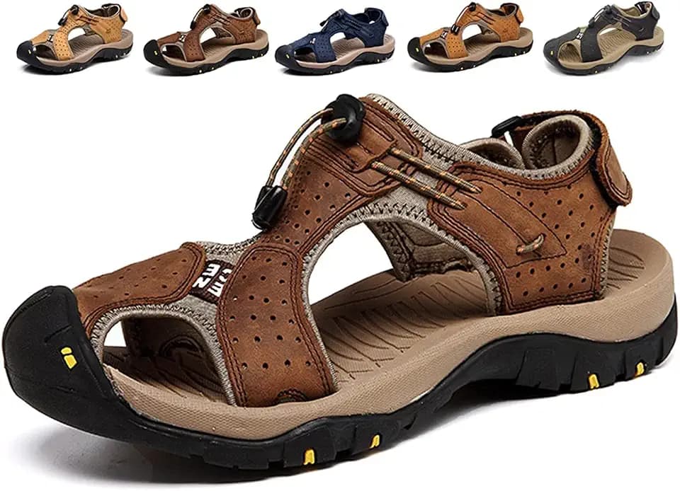 Asifn Men's Outdoor Hiking Leather Sandals Water Shoes Slides Closed Toe Sport Walking Fishermen Climbing Summer Athletic